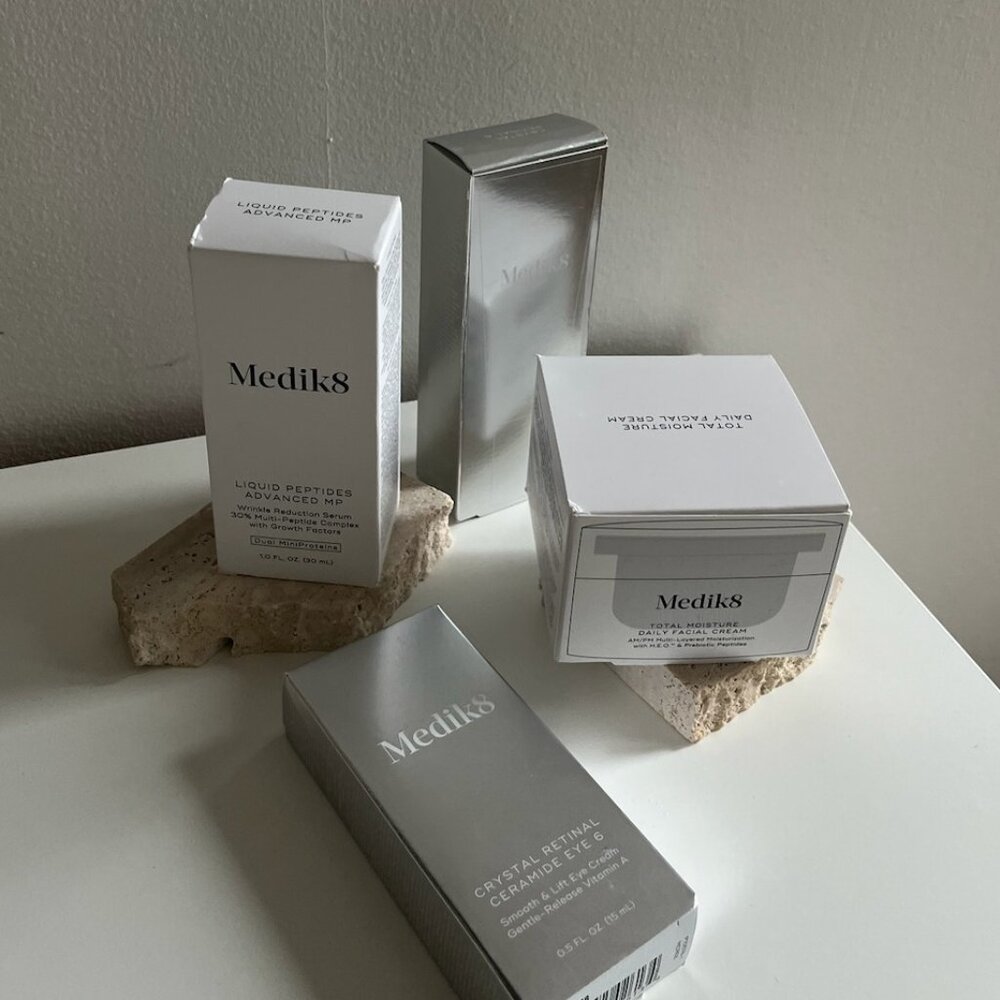 NIB Medik8 Skincare 4pc Set w/Retinal Eye + Face, Peptide Serum + Moisturizer